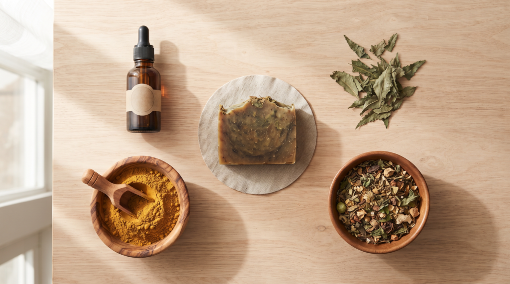Ayurvedic products including oils and powders arranged on a wooden tray
