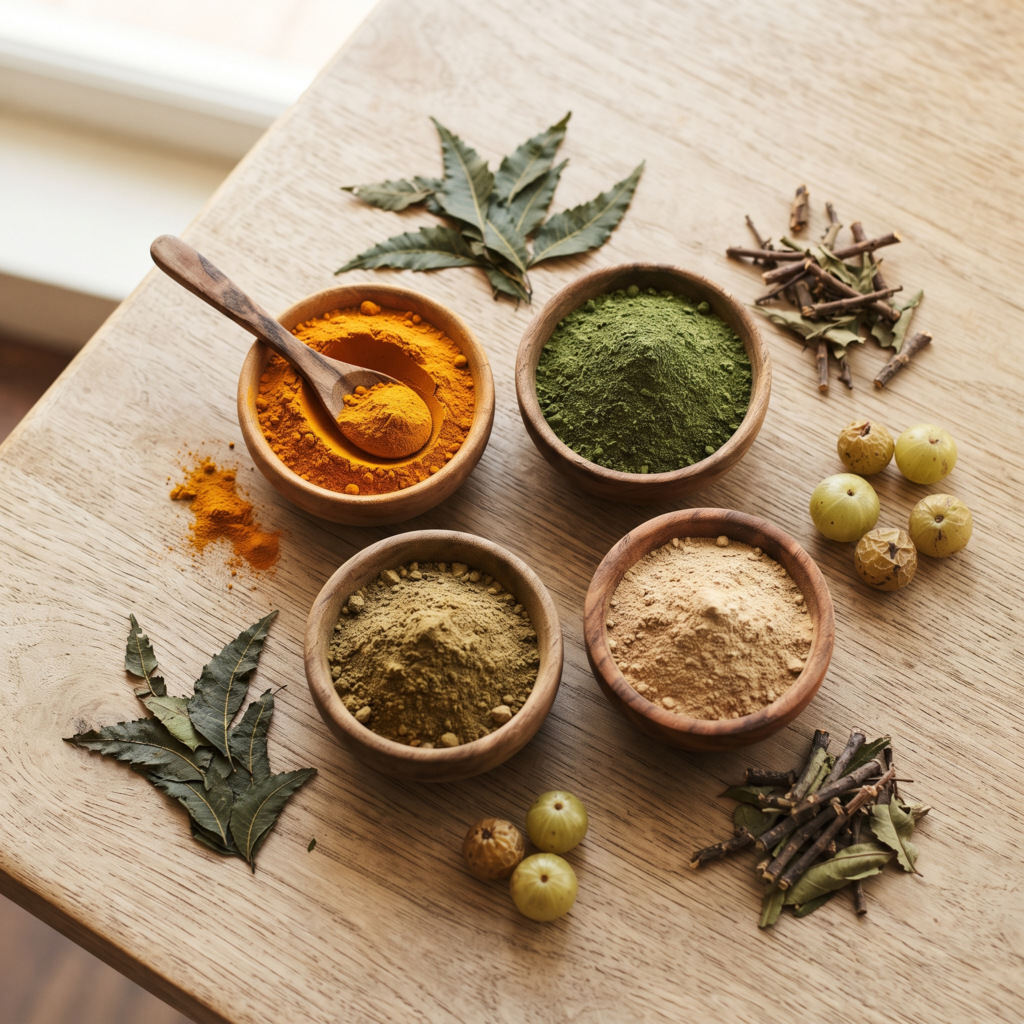 Wooden bowls of natural herbal powders including turmeric and neem for Ayurvedic skincare